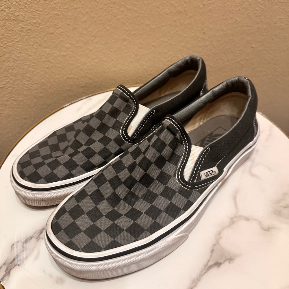 Vans Women's Black and Gray Checkered Slip-On Shoes